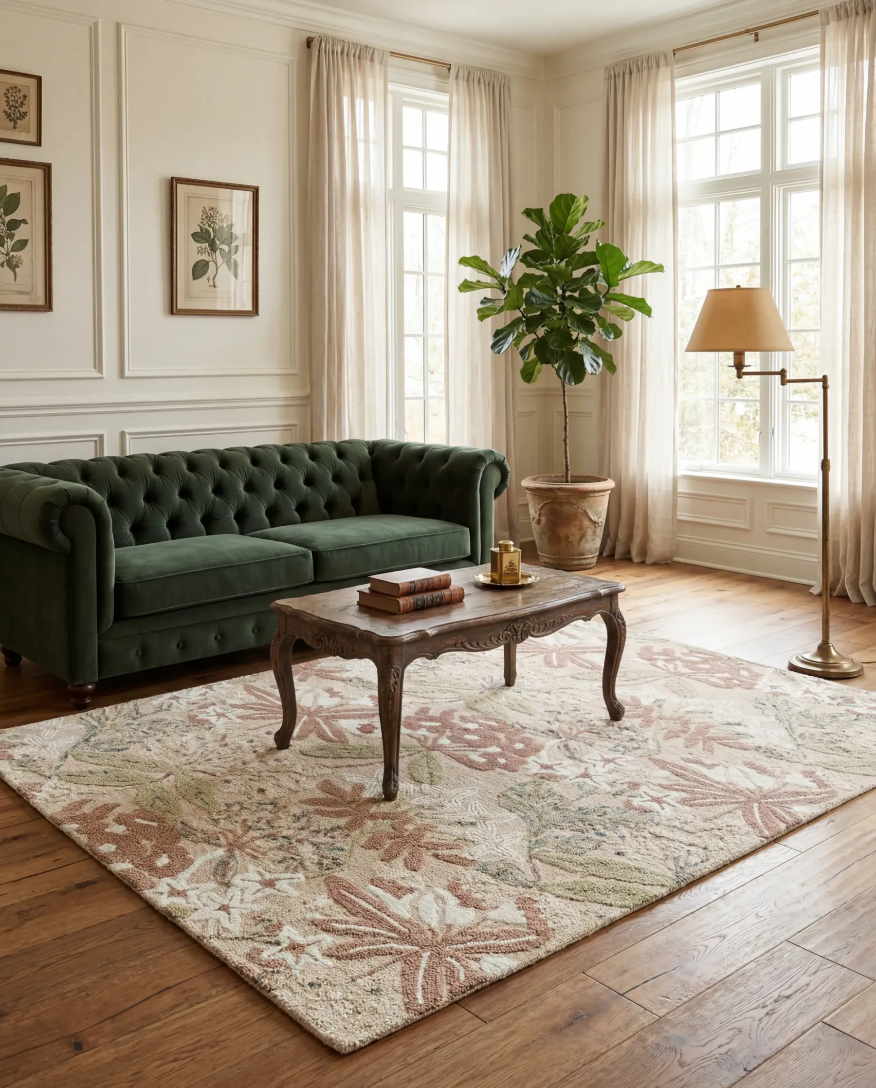 Dusty Rose rug styled in a refined living room
