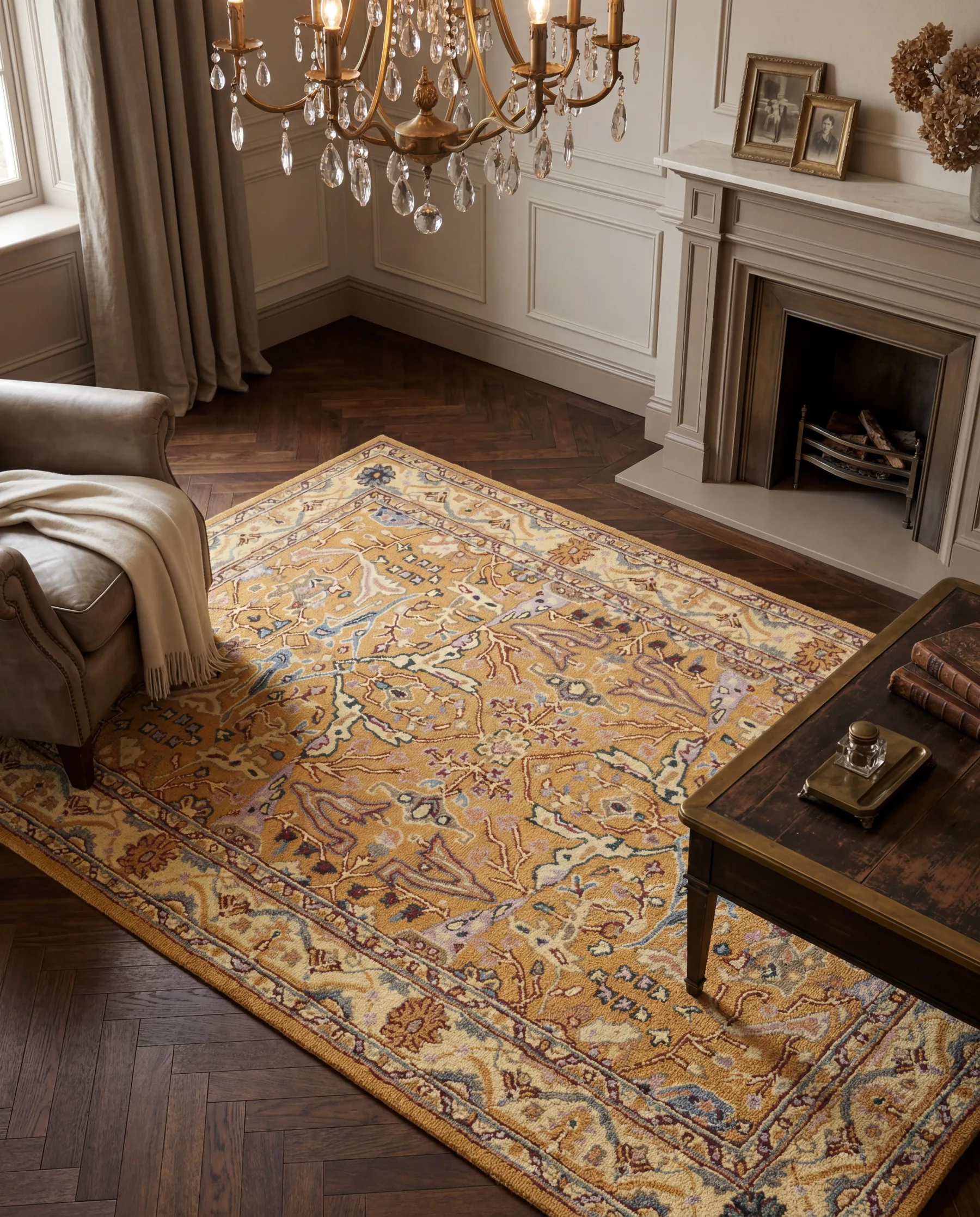 A handcrafted rug in a warm classic interior