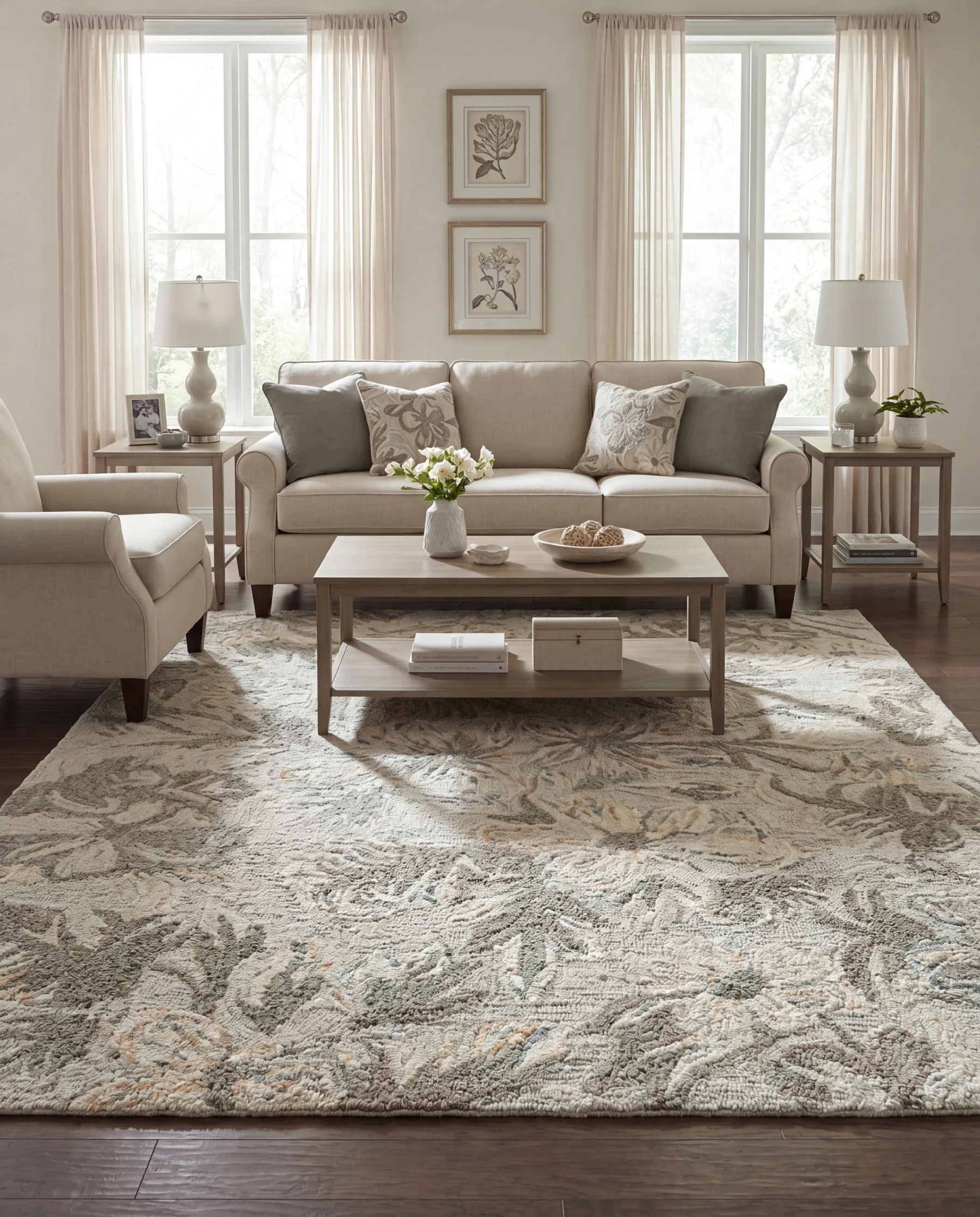 A handcrafted rug in a calm layered living room