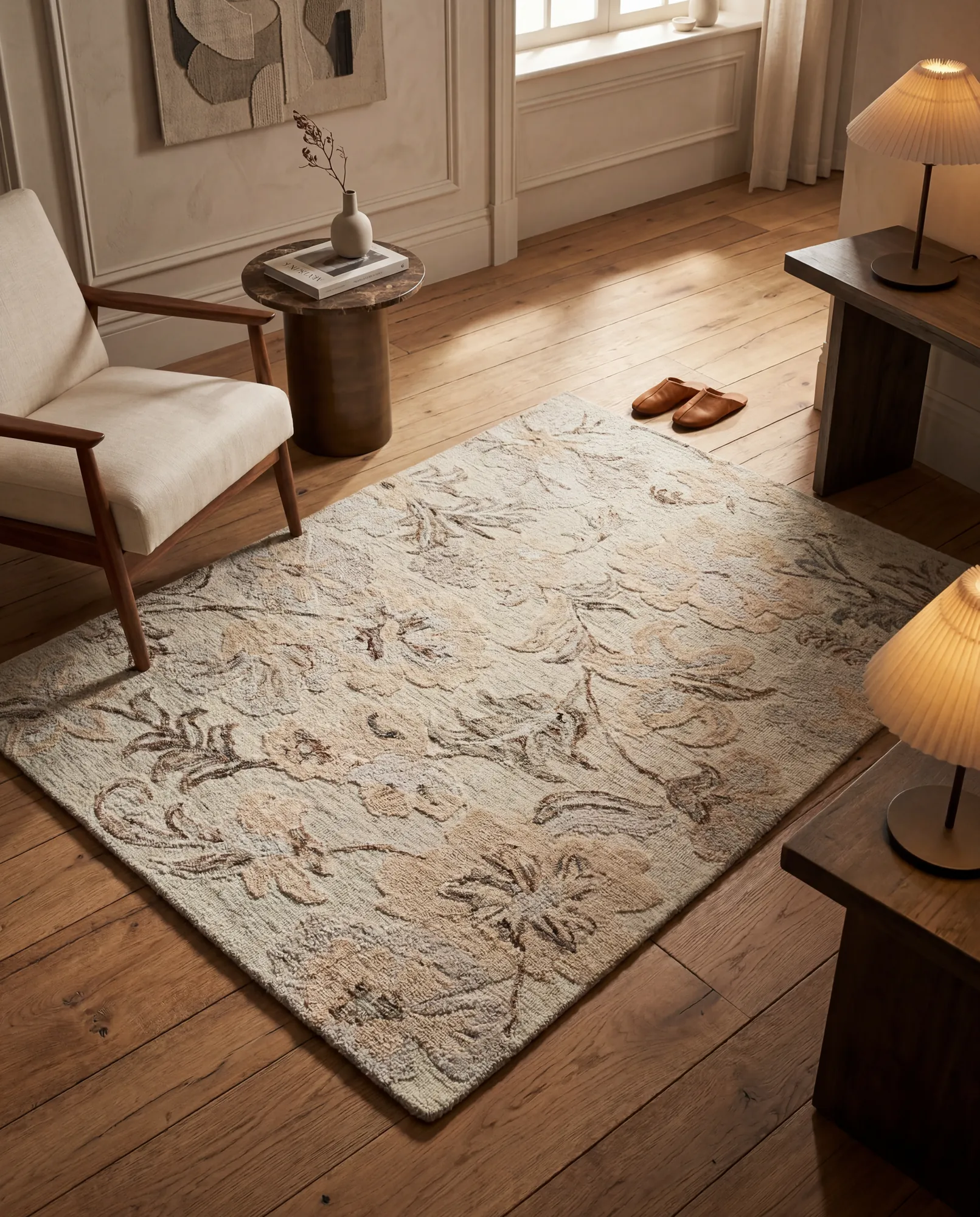 Exellica Home handcrafted rug styled in a contemporary room.