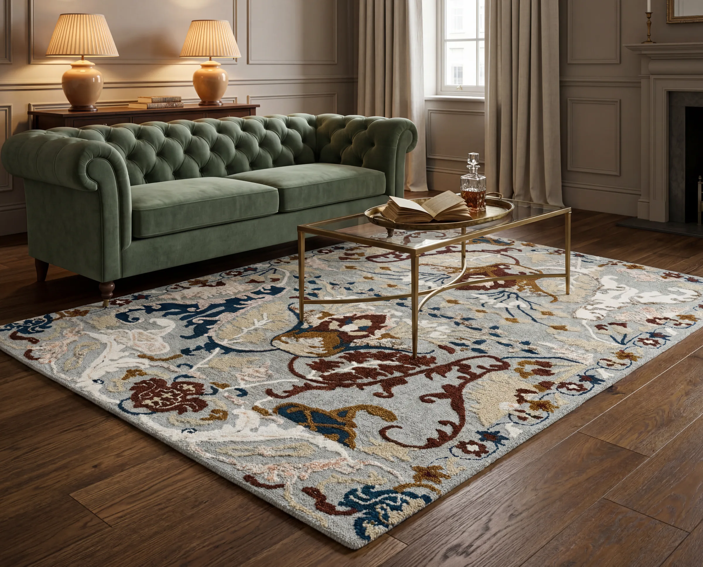 A handcrafted Exellica rug in a calm layered room