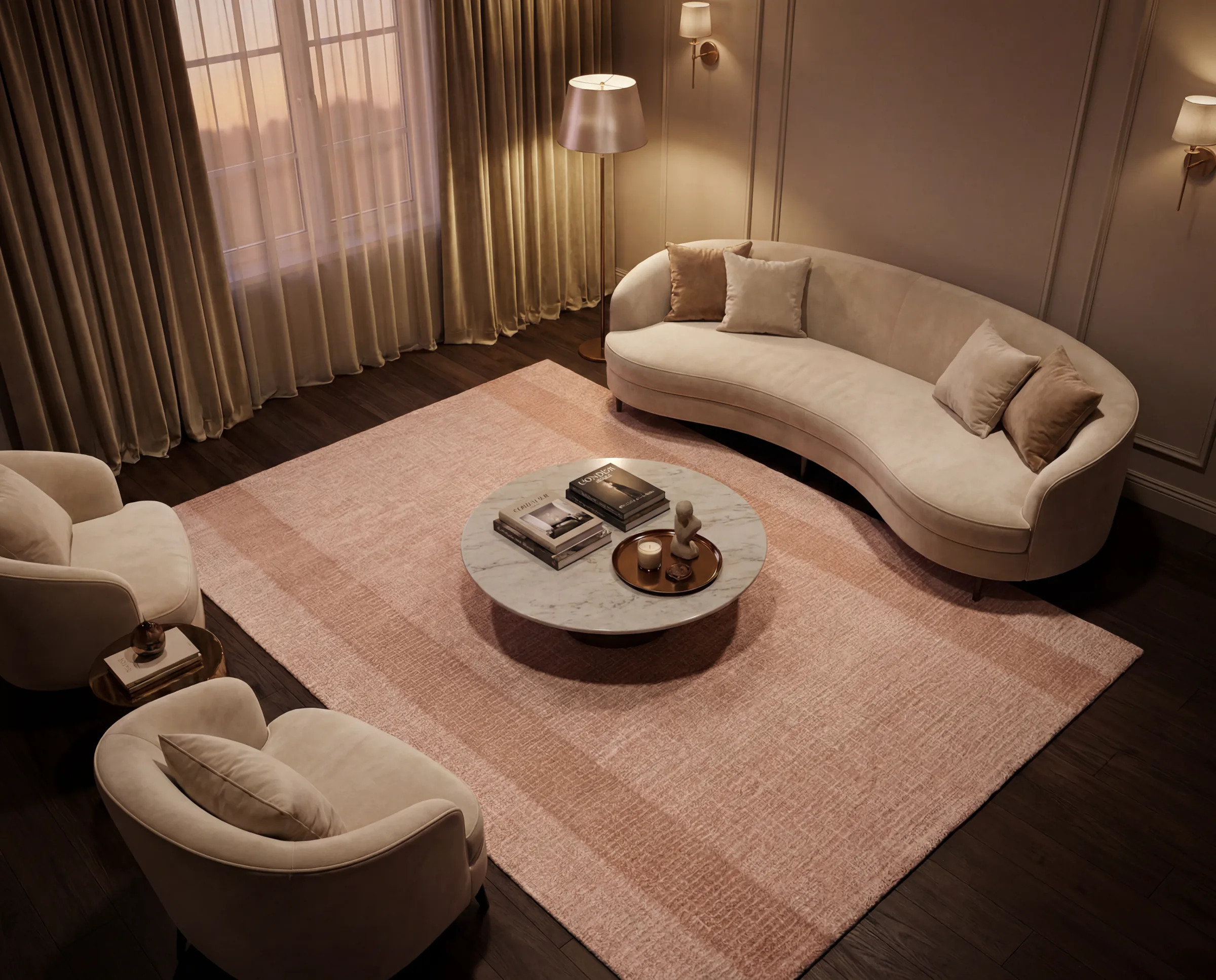 A handcrafted Exellica rug in a soft pink styled living room