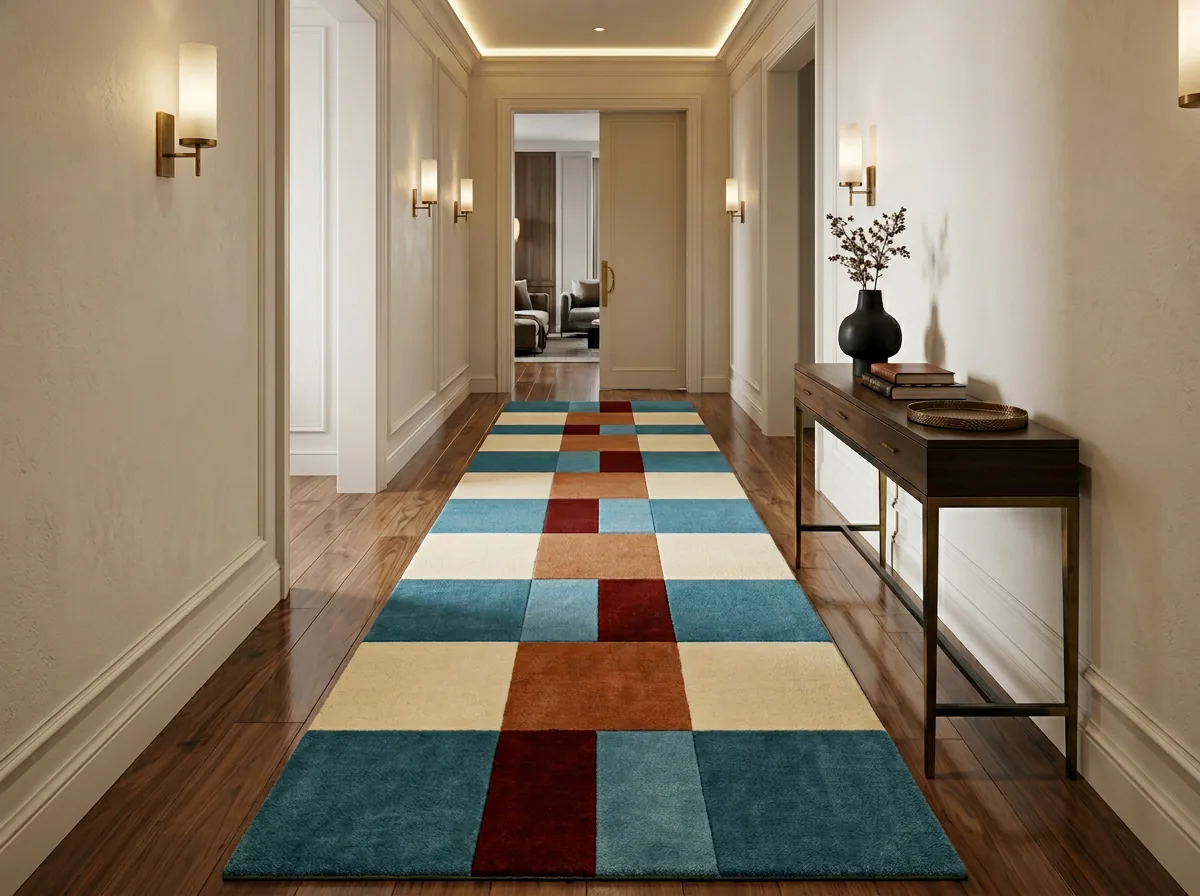 A handcrafted Exellica rug in a colourful hallway setting